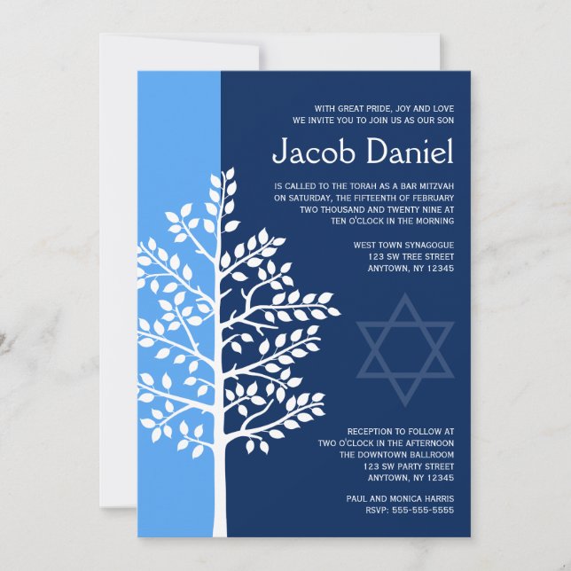 Blue Navy Tree of Life Bar Mitzvah Invitations (Devant)