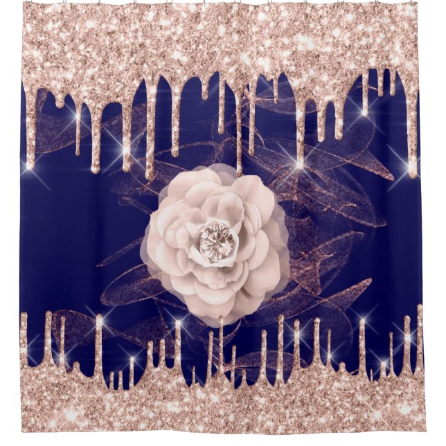 Blue Navy Tropfens Rose Gold Diamond Glam Duschvorhang (Vorderseite)