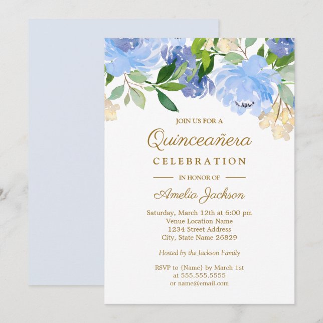 Blue Navy Wassercolor Floral Quinceanera Einladung (Vorne/Hinten)