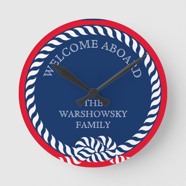 Blue Navy White Red Nautical Monogram Stripe  Runde Wanduhr (Vorderseite)
