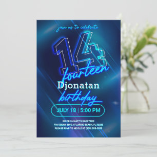 Blue Neon 14th Birthday Party Invitation Card