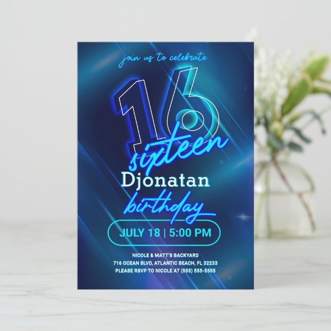 Blue Neon 16e Anniversaire Carte d'invitation (Debout devant)