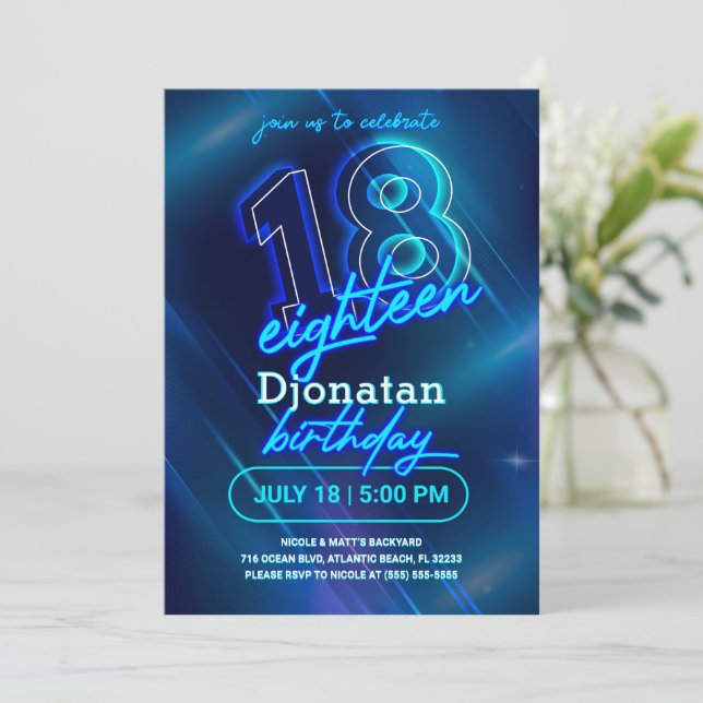 Blue Neon 18e Anniversaire Carte d'invitation (Debout devant)