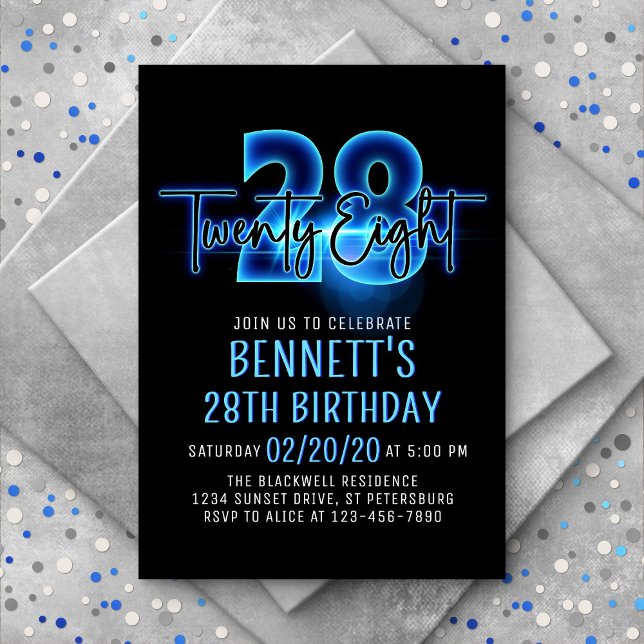 Blue Neon 28e anniversaire Invitation (Créateur téléchargé)