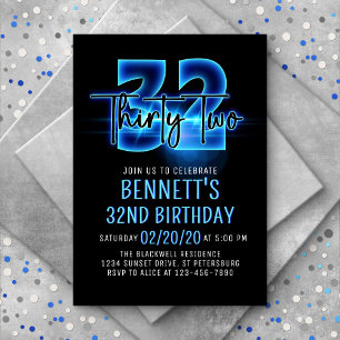 Blue Neon 32e Invitation d'anniversaire