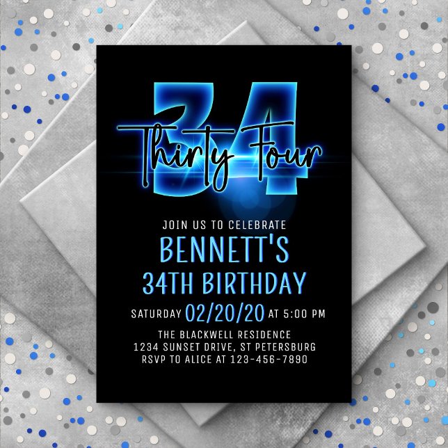 Blue Neon 34e anniversaire Invitation (Créateur téléchargé)