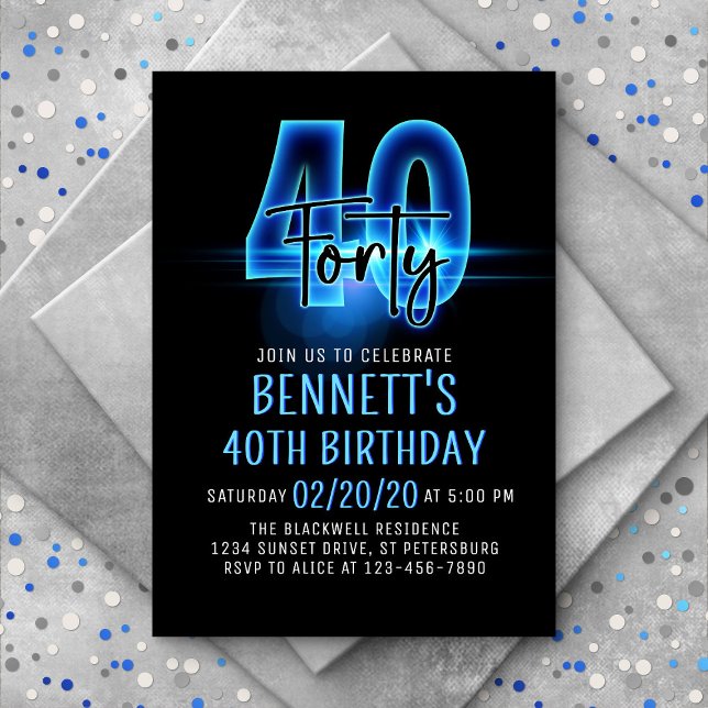 Blue Neon 40e anniversaire Invitation (Créateur téléchargé)