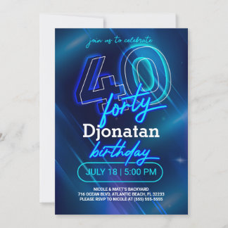 Blue Neon 40th Birthday Party Invitation Card Einladung