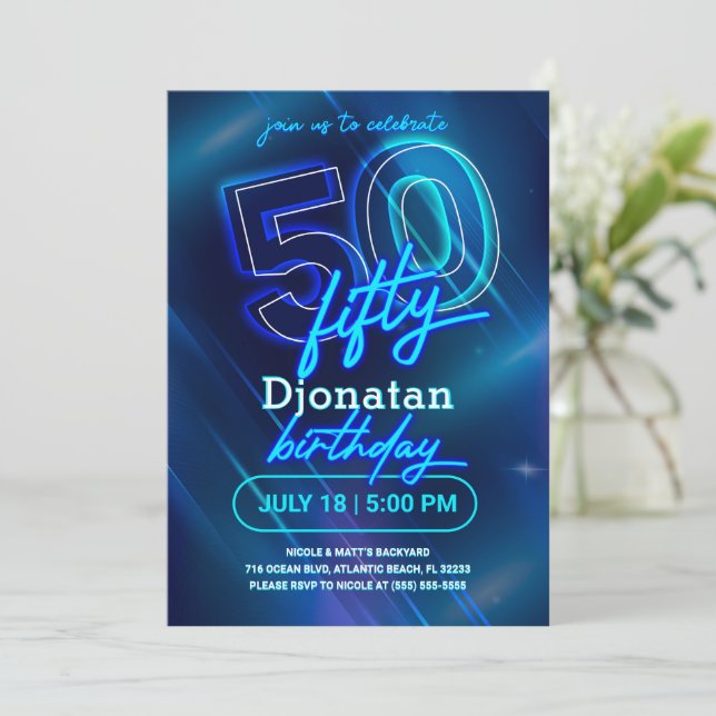 Blue Neon 50th Birthday Party Invitation Card (Debout devant)