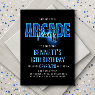 Blue Neon Arcade Party Geburtstagsfeier Einladung