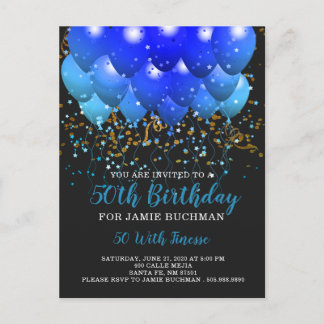 Blue Neon Balloons Confetti 50. Geburtstagsparty Einladungspostkarte