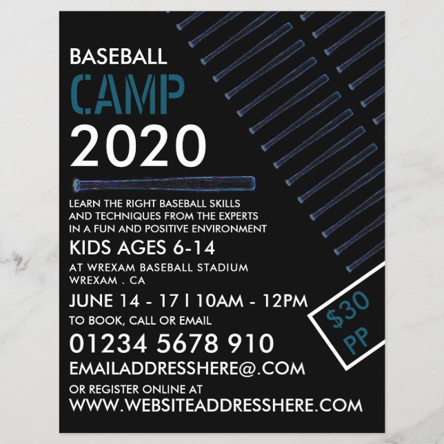 Blue Neon Baseball Bat, Baseball Camp Werbung Flyer (Vorne)