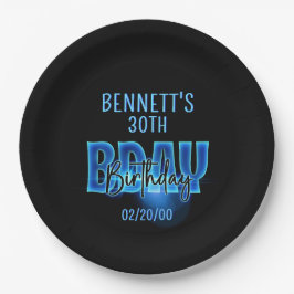 Blue Neon Birthday Pappteller
