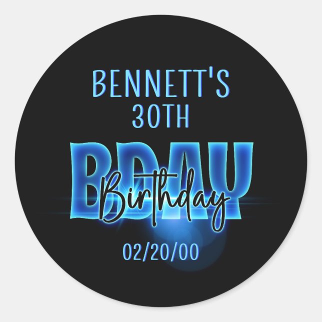 Blue Neon Birthday Runder Aufkleber (Vorderseite)