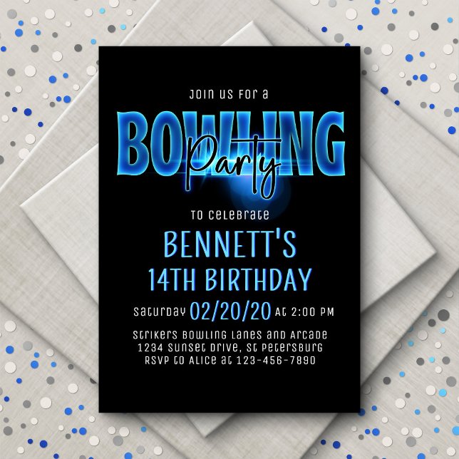 Blue Neon Bowling Party Anniversaire Invitation (Créateur téléchargé)