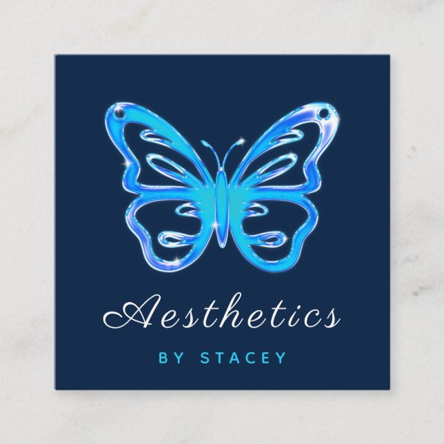 Blue Neon Butterfly Ästhetische QR Code Social Med Quadratische Visitenkarte (Vorderseite)