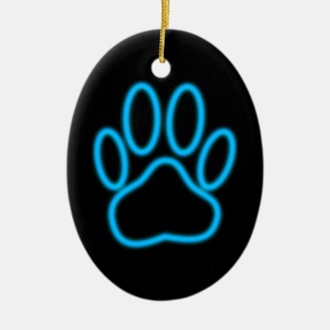 Blue Neon Dog Paw Print Keramik Ornament (Vorne)