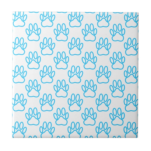 Blue Neon Dog Paw Print Pattern Fliese (Vorderseite)