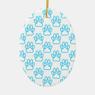 Blue Neon Dog Paw Print Pattern Keramik Ornament
