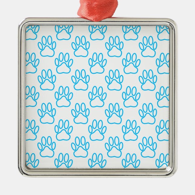 Blue Neon Dog Paw Print Pattern Ornament Aus Metall (Vorne)
