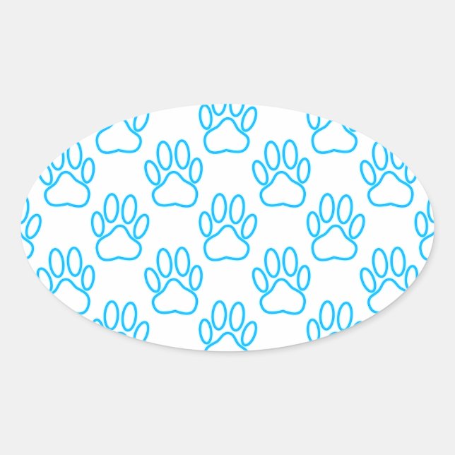 Blue Neon Dog Paw Print Pattern Ovaler Aufkleber (Vorderseite)