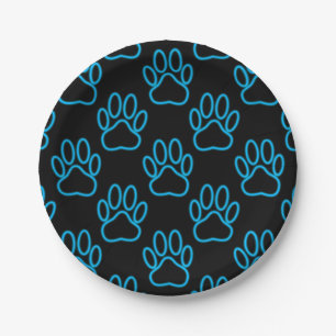 Blue Neon Dog Paw Print Pattern Pappteller