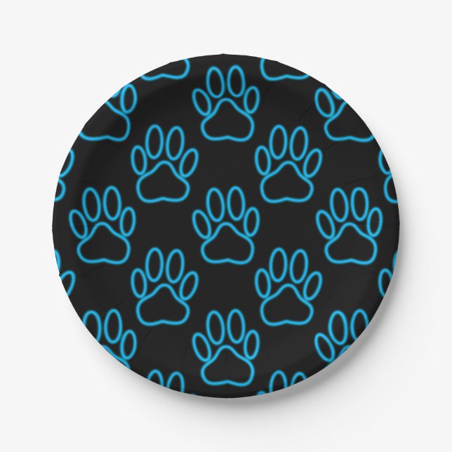 Blue Neon Dog Paw Print Pattern Pappteller (Vorderseite)