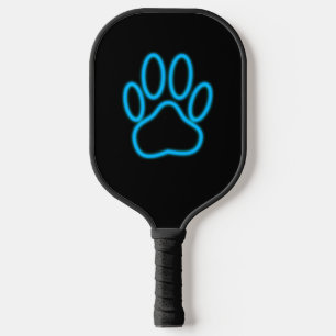 Blue Neon Dog Paw Print Pickleball Schläger
