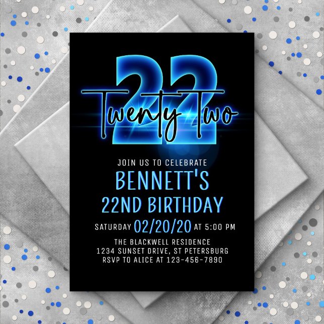 Blue Neon Invitation 22e anniversaire (Créateur téléchargé)