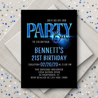 Blue Neon Party Bus zum Geburtstag Einladung