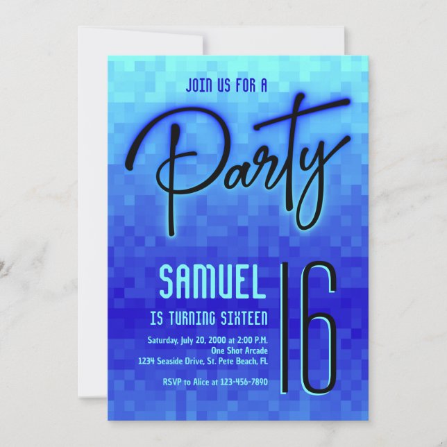 Blue Neon Pixel Teen Birthday Einladung (Vorderseite)