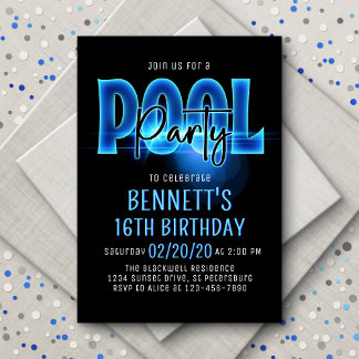 Blue Neon Pool Party Geburtstag Einladung