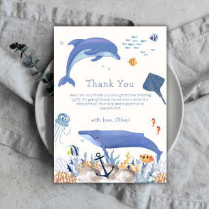 Blue Neutral Ocean Dolphin Whale Boy Baby Shower Dankeskarte