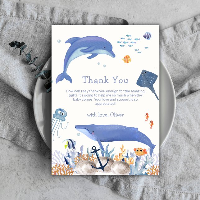 Blue Neutral Ocean Dolphin Whale Boy Baby Shower Dankeskarte (Blue Neutral Ocean Dolphin Whale Boy Baby Shower Thank You Card)