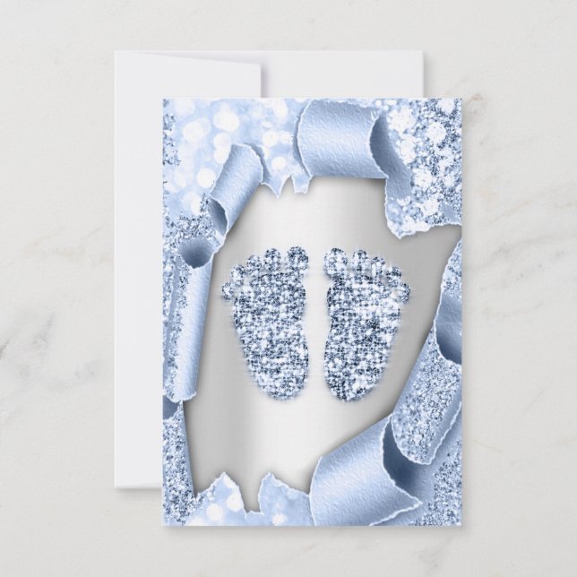 Blue New Baby Shower Feet Boy Silver Einladung (Rückseite)