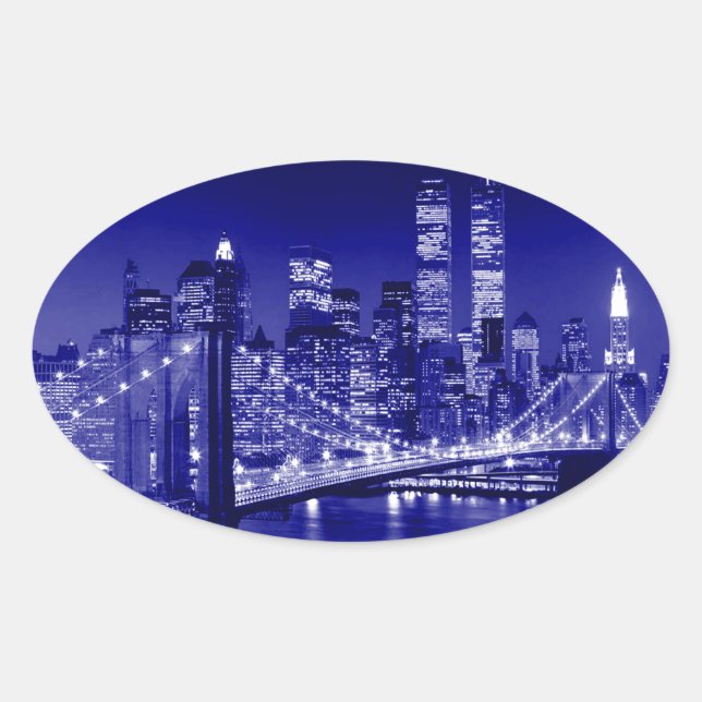 Blue New York City Night Ovaler Aufkleber (Vorderseite)