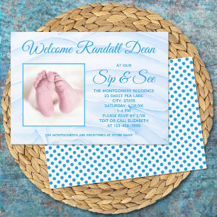 Blue Newborn Baby Boy Sip und Custom Foto Einladung
