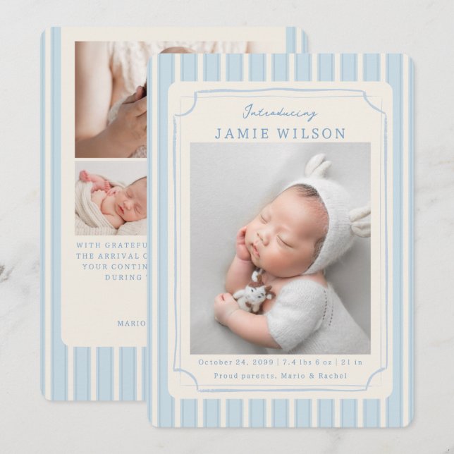 Blue Newborn Birth Photo Collage Baby Boy  Ankündigung (Vorne/Hinten)