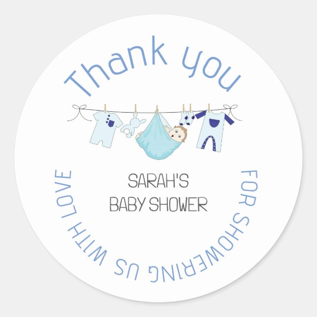 Blue Niedlich Clothesline Baby Dusche Vielen Dank  Runder Aufkleber (Vorderseite)