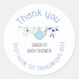 Blue Niedlich Clothesline Baby Dusche Vielen Dank  Runder Aufkleber