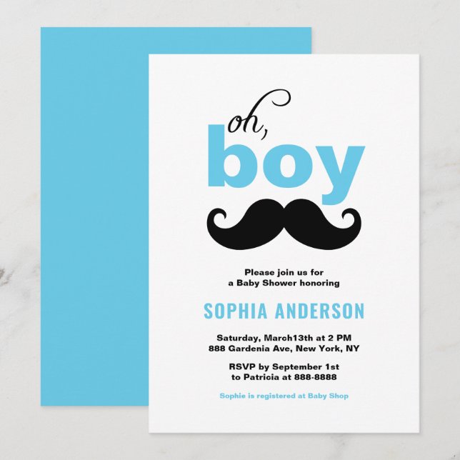Blue Niedlich Es ist eine Baby Mustache Babydusche Einladung (Vorne/Hinten)