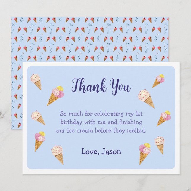 Blue Niedlich Ice Creme Cone Party Boy Birthday Dankeskarte (Vorne/Hinten)