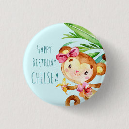 Blue Niedlich Monkey Personalisiert Happy Birthday Button