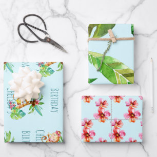 Blue Niedlich Monkey Personalisiert Happy Birthday Geschenkpapier Set