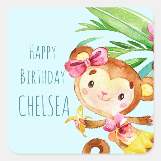 Blue Niedlich Monkey Personalisiert Happy Birthday Quadratischer Aufkleber (Vorderseite)