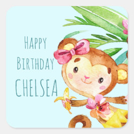Blue Niedlich Monkey Personalisiert Happy Birthday Quadratischer Aufkleber