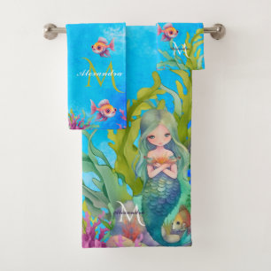 Blue Niedlich Monogram Name Mermaid Badhandtuch Set
