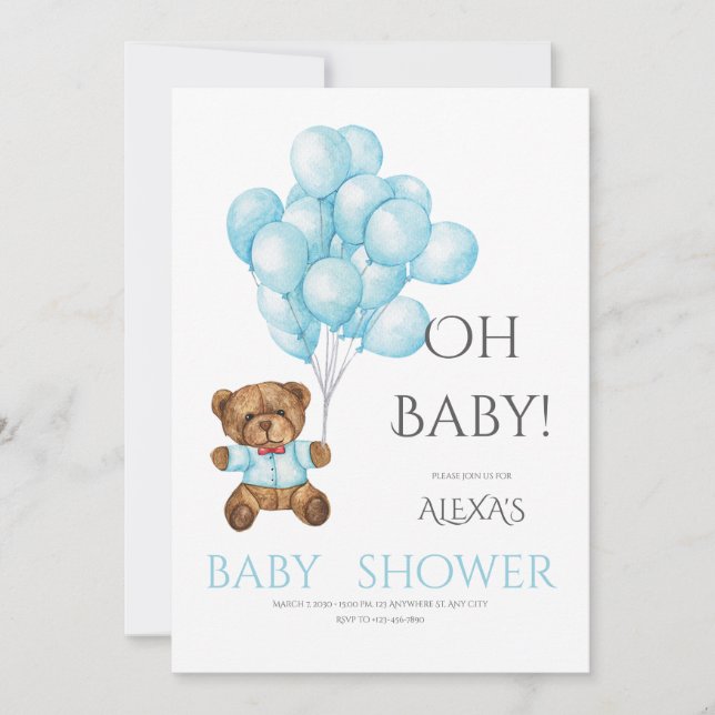 Blue niedlich Oh Babydusche mit Teddy Bärenballon Einladung (Vorderseite)