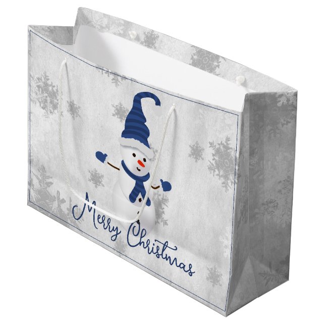 Blue Niedlich Snowman Holiday Geschenktasche Große Geschenktüte (Vorderseite Schrägansicht)