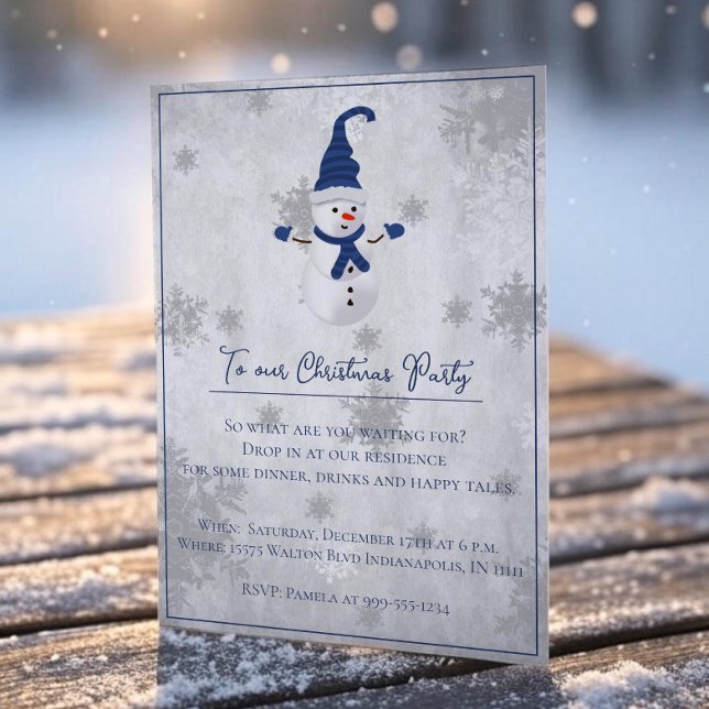 Blue Niedlich Snowman Weihnachts-Party Einladung (Blue Cute Snowman Christmas Party Invitation)